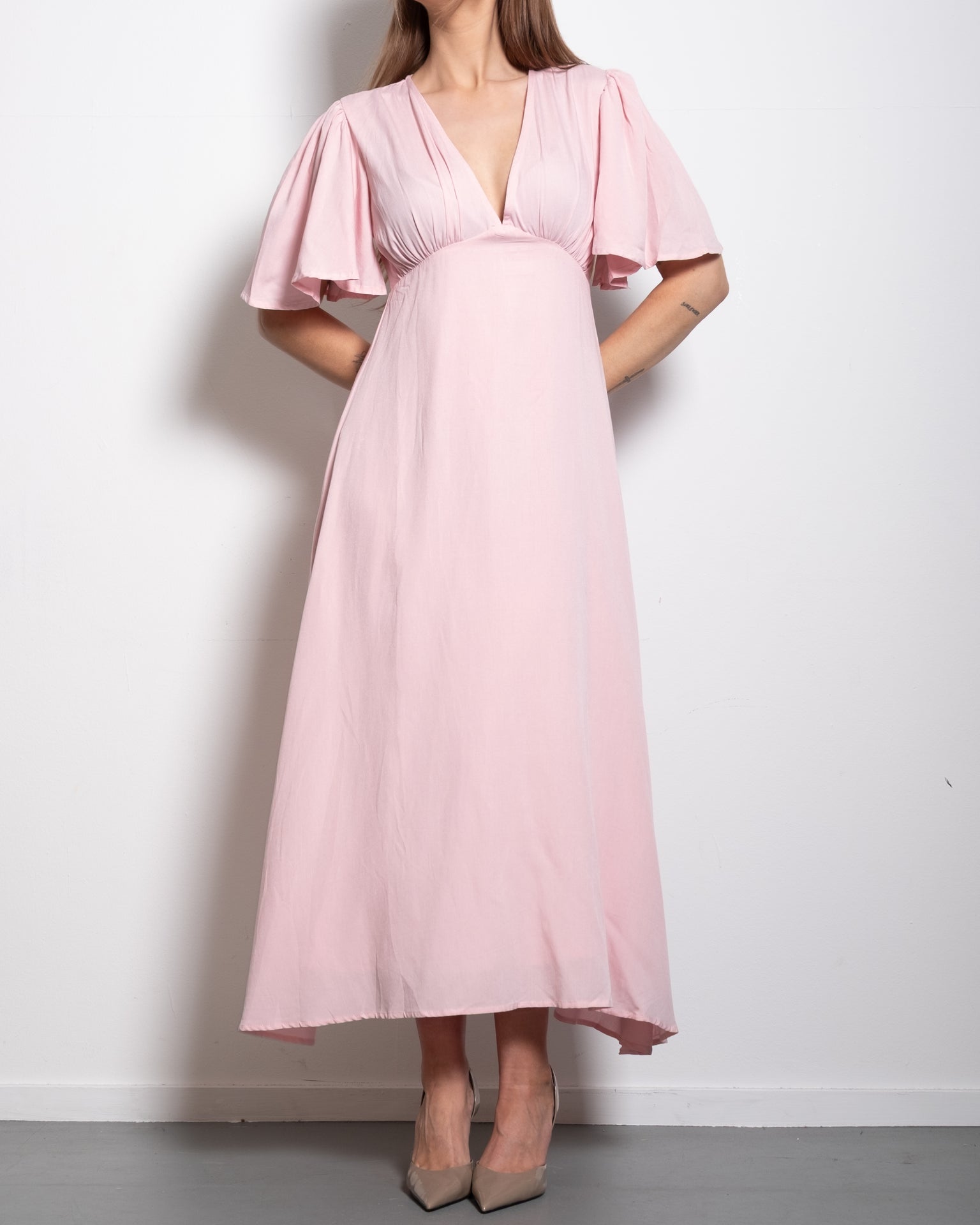 v neck flare sleeve midi dress pastel pink