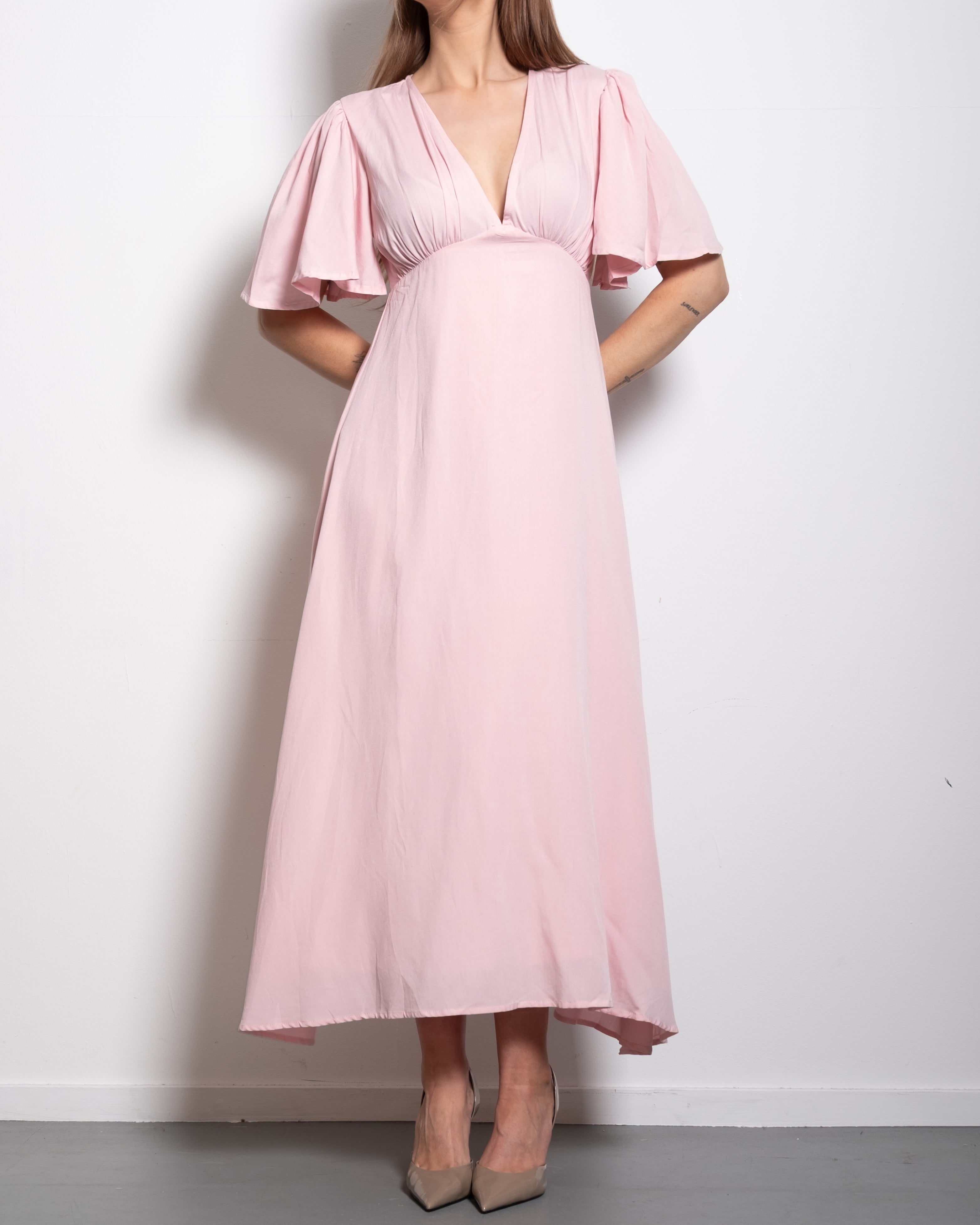 v neck flare sleeve midi dress pastel pink