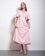 v neck flare sleeve midi dress pastel pink