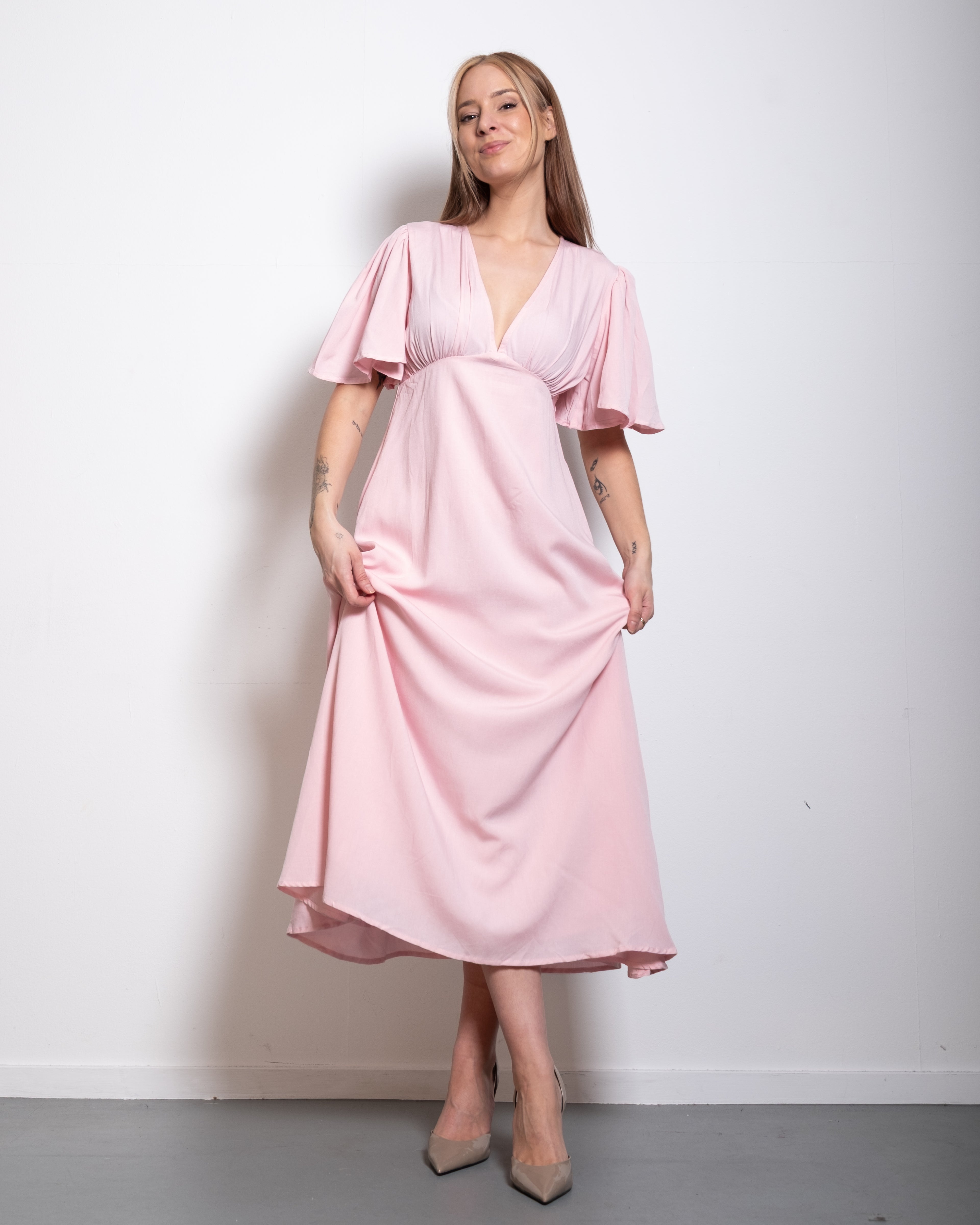 v neck flare sleeve midi dress pastel pink