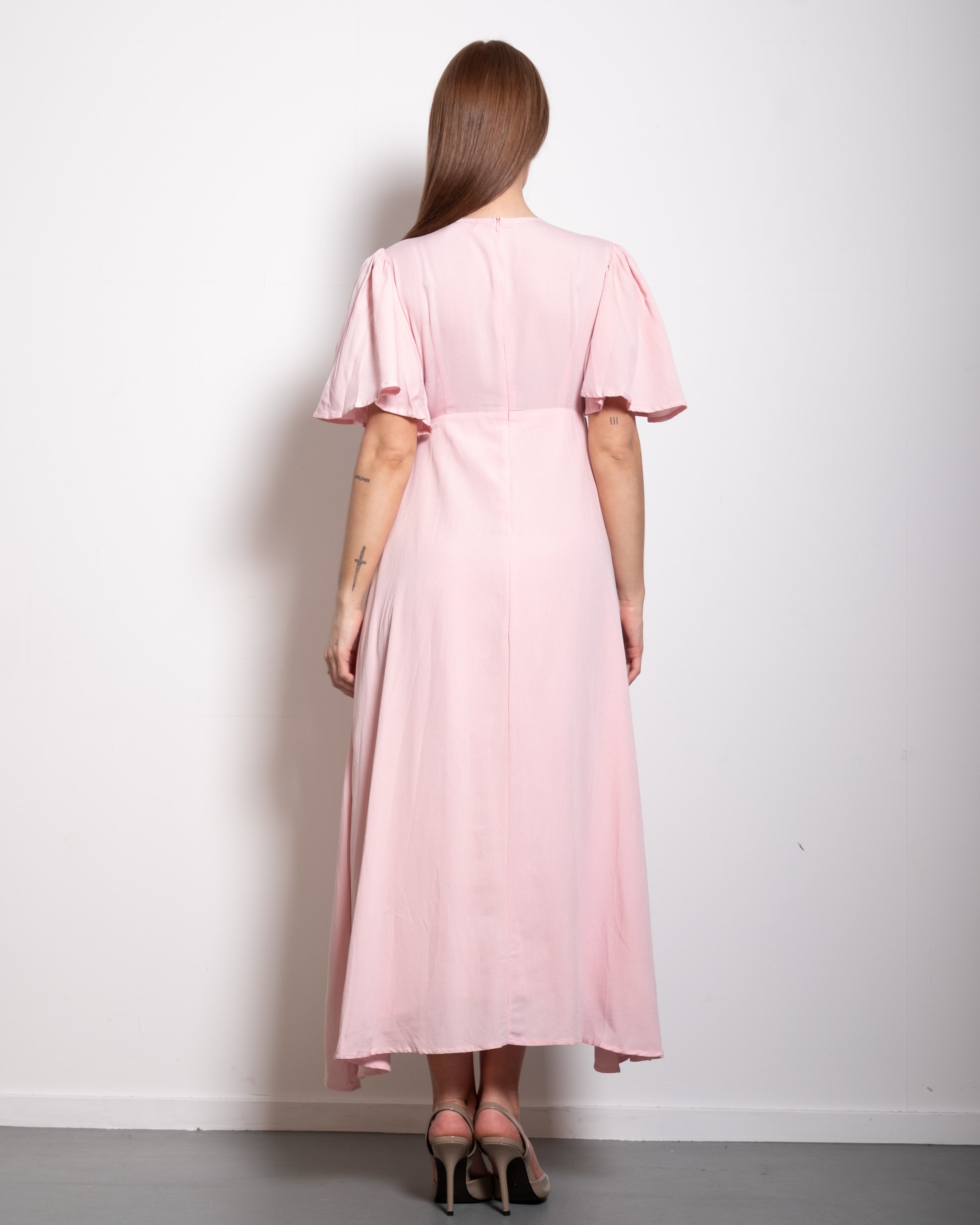 v neck flare sleeve midi dress pastel pink