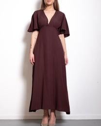 v neck flare sleeve midi dress brown