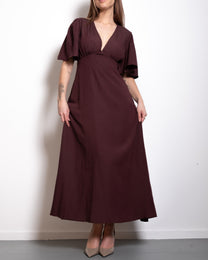 v neck flare sleeve midi dress brown