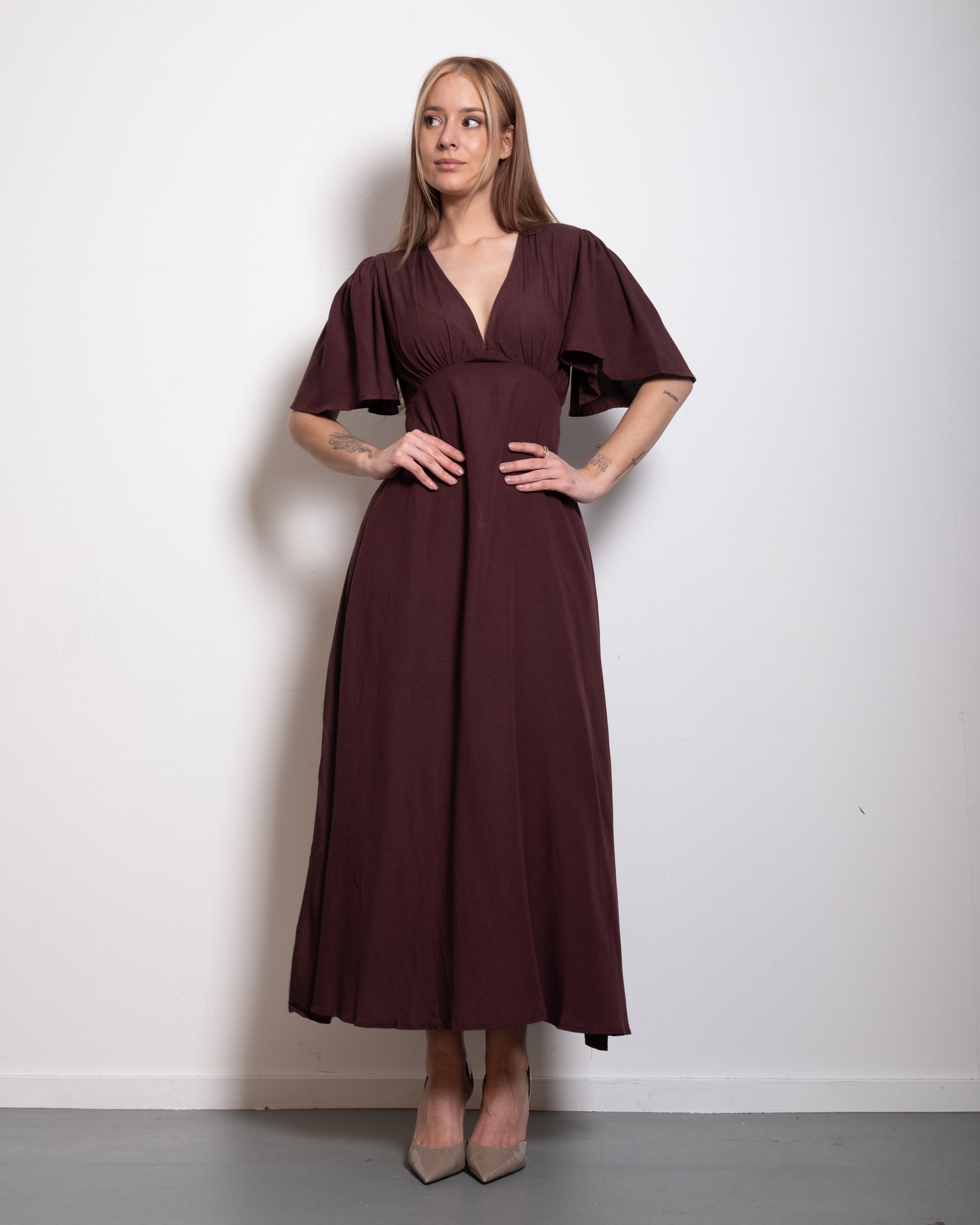 v neck flare sleeve midi dress brown