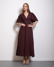 v neck flare sleeve midi dress brown