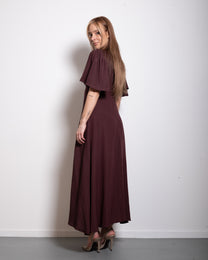 v neck flare sleeve midi dress brown