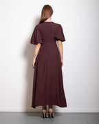 v neck flare sleeve midi dress brown