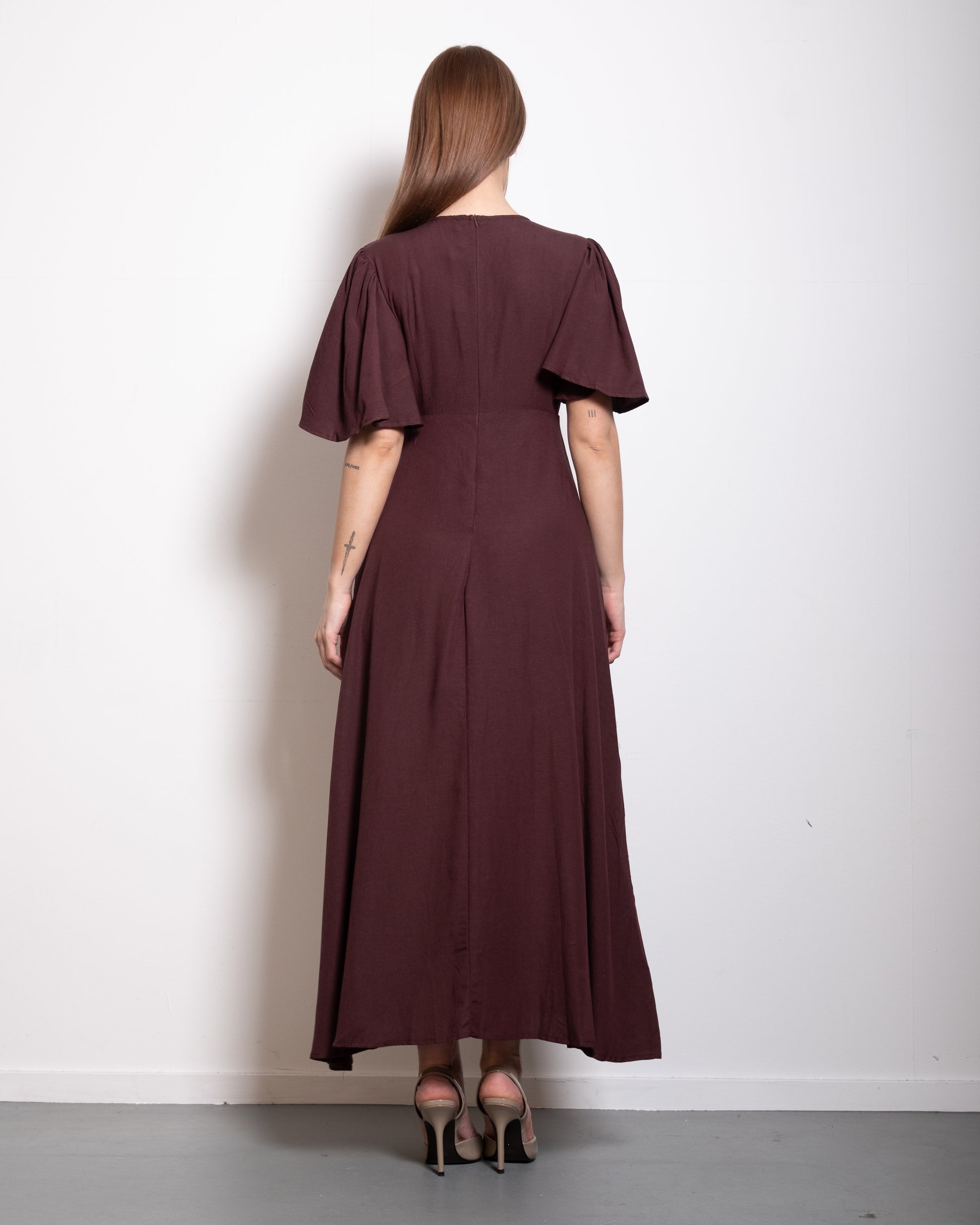 v neck flare sleeve midi dress brown