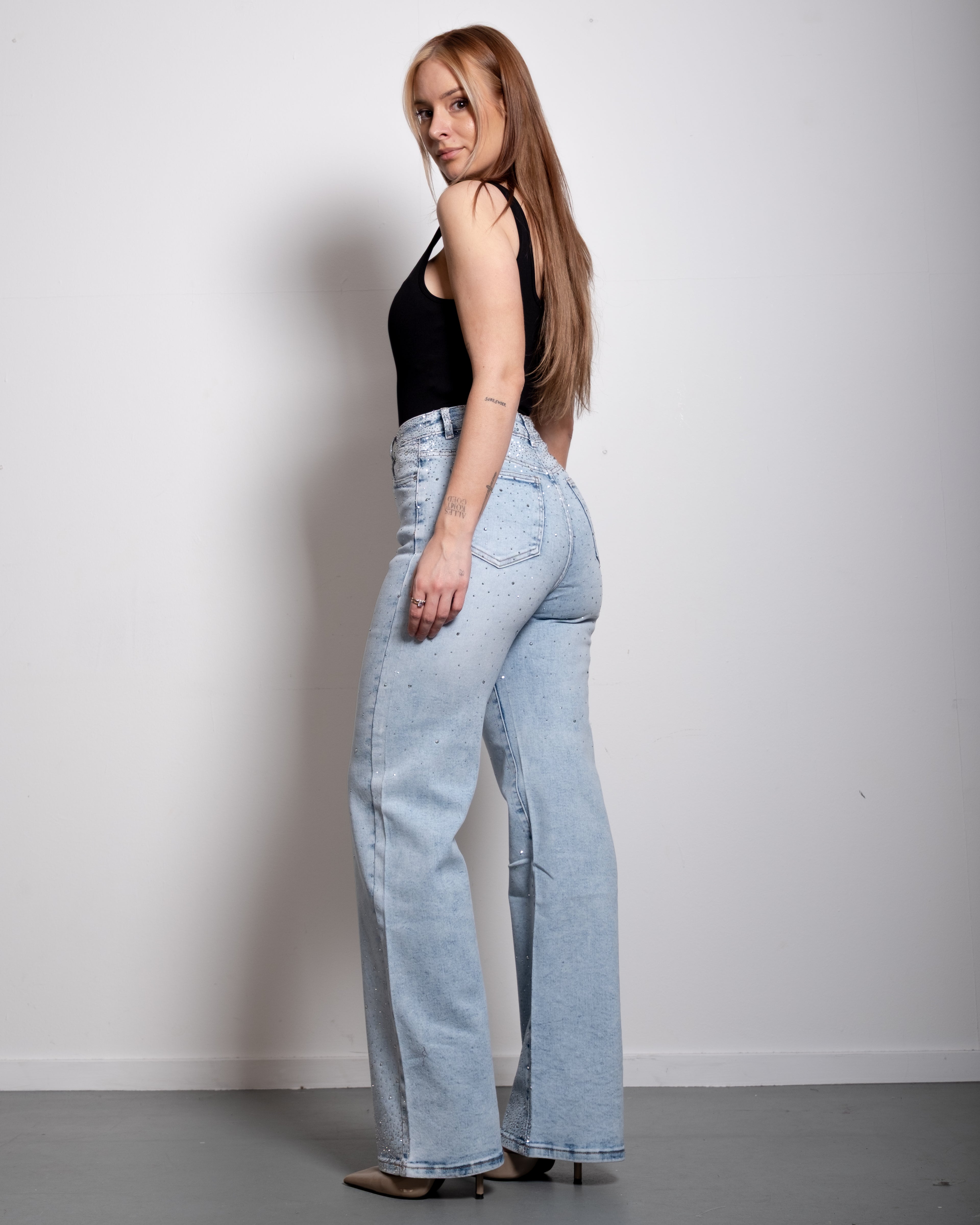 LIGHT WASH WITH DARK SHADING ALL OVER SPARKLE JEANS - INSEAM 80CM