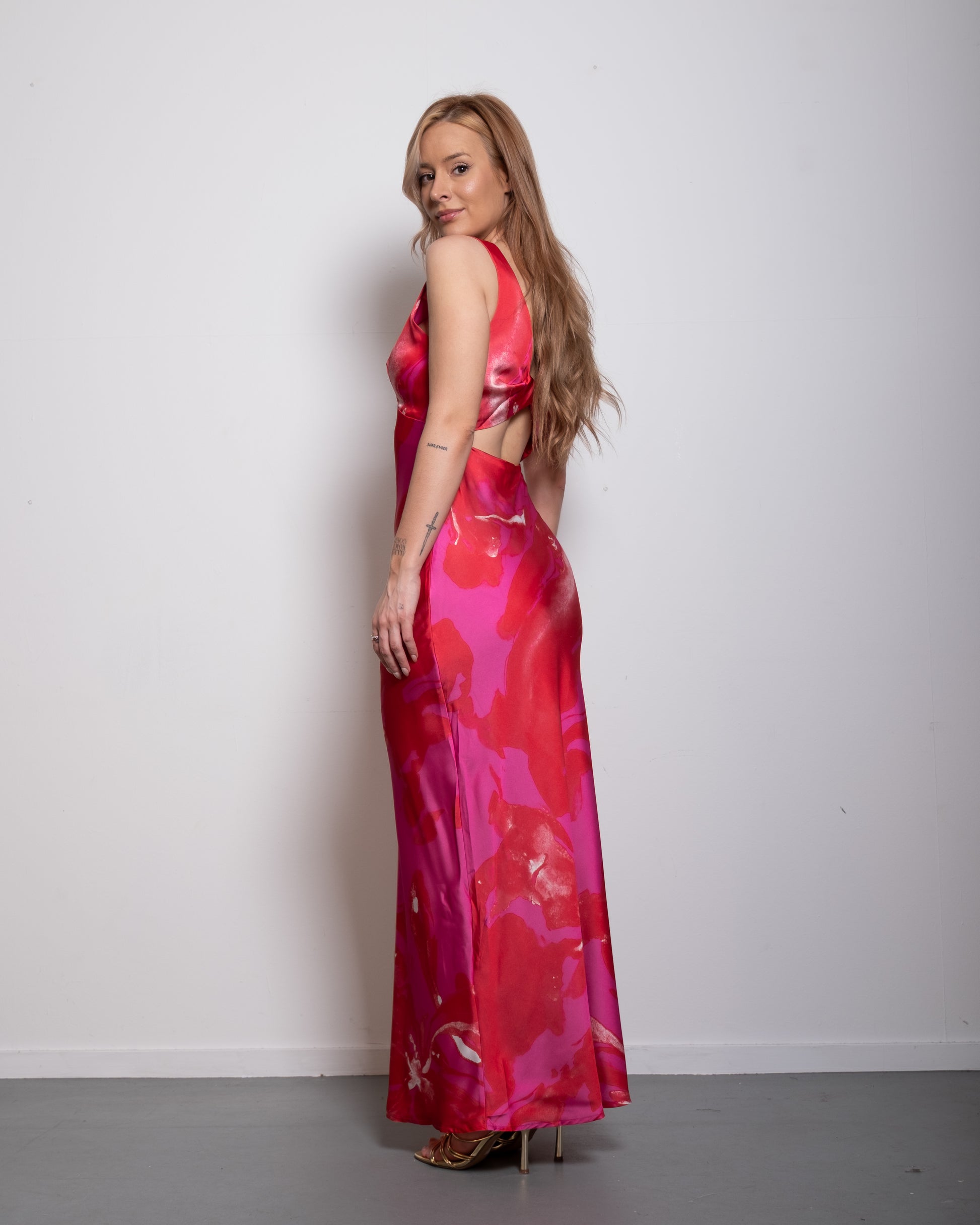 Twist Back Satin Maxi Dress Orange and Pink | SEISHIKI STUDIO