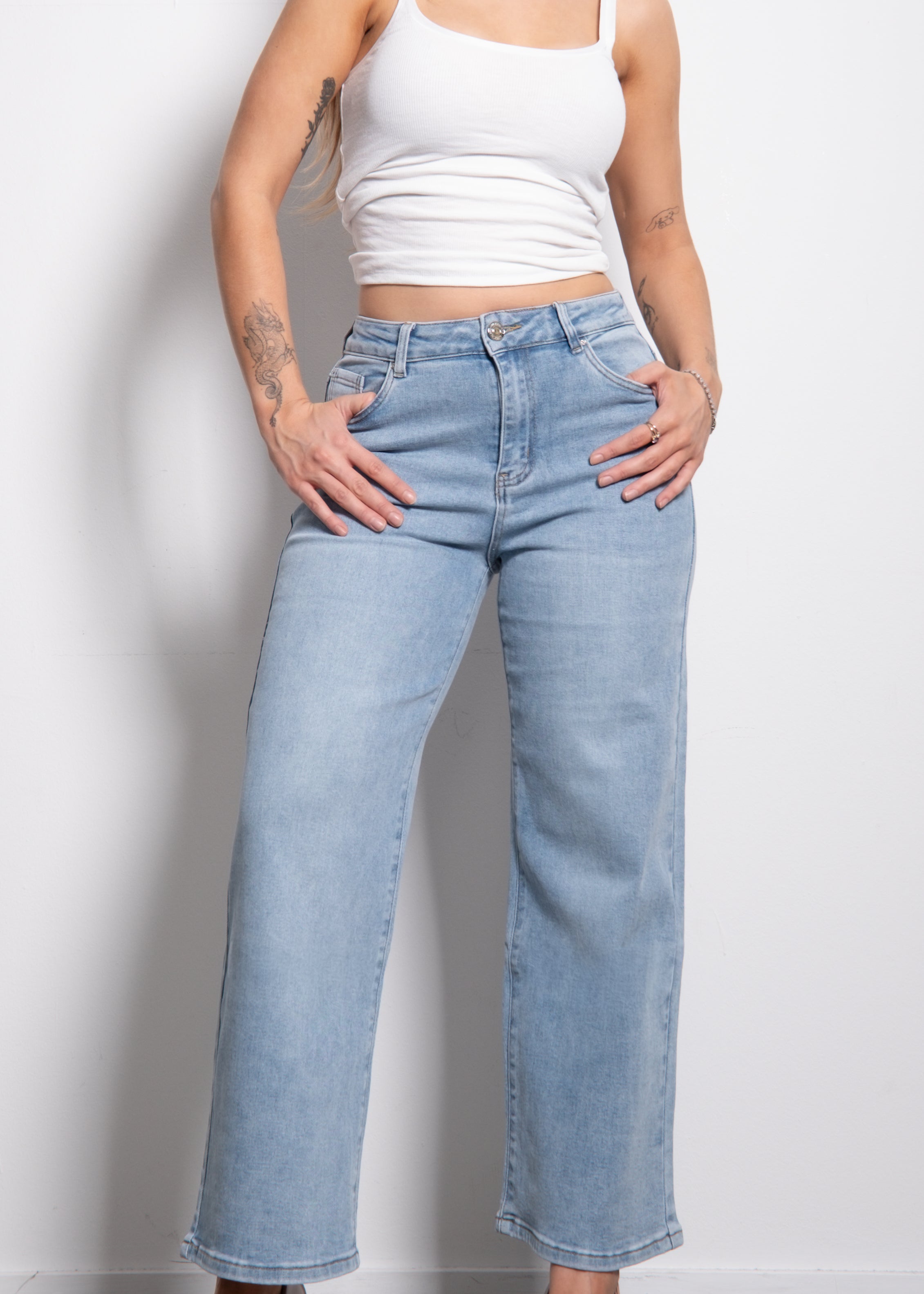 PETITE STRETCHY LIGHT BLUE WIDE LEG JEANS  - INSEAM 68CM | SEISHIKI STUDIO