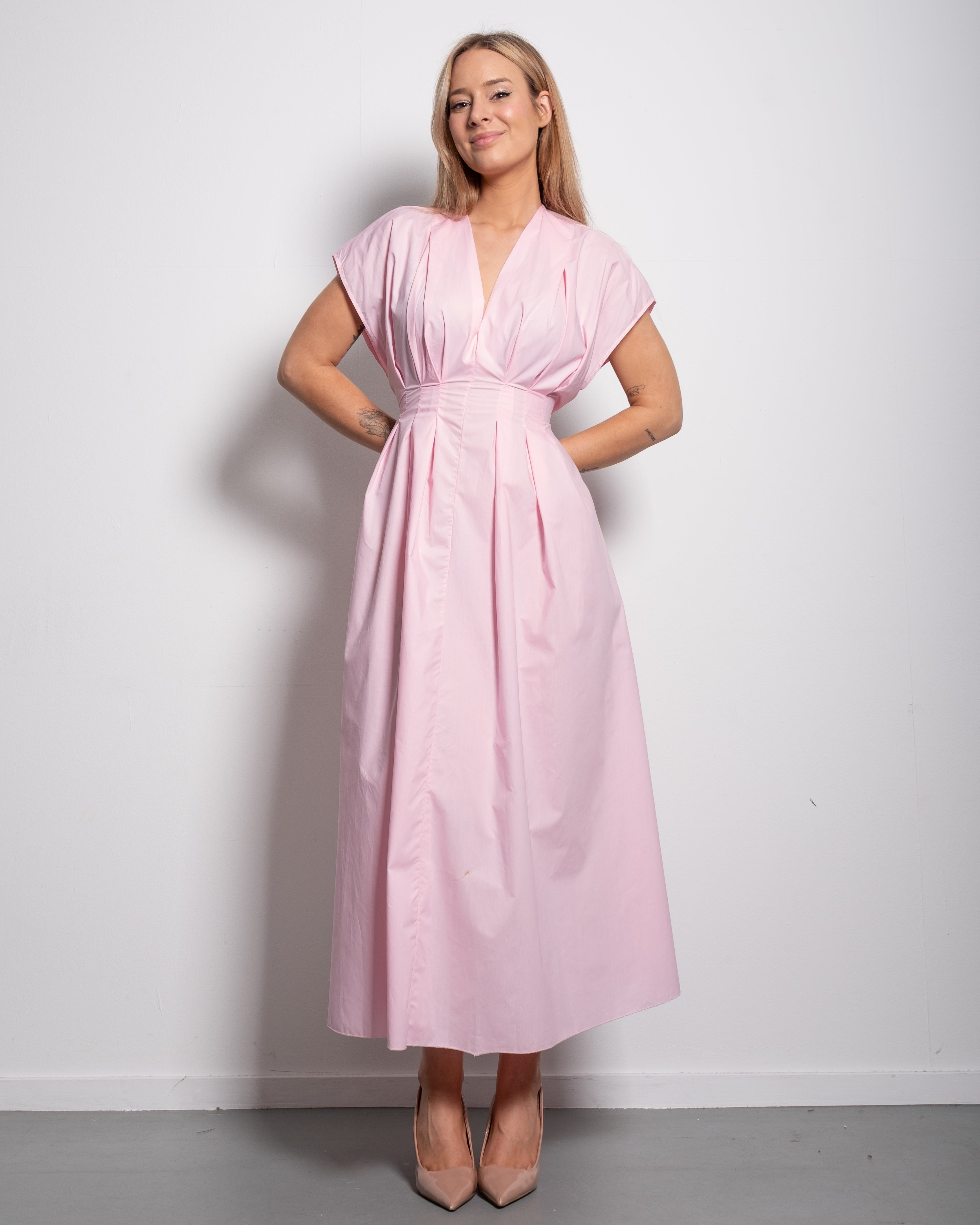 Shape enhancing cotton pleated shortsleeve front tie dress pink | SEISHIKI STUDIO