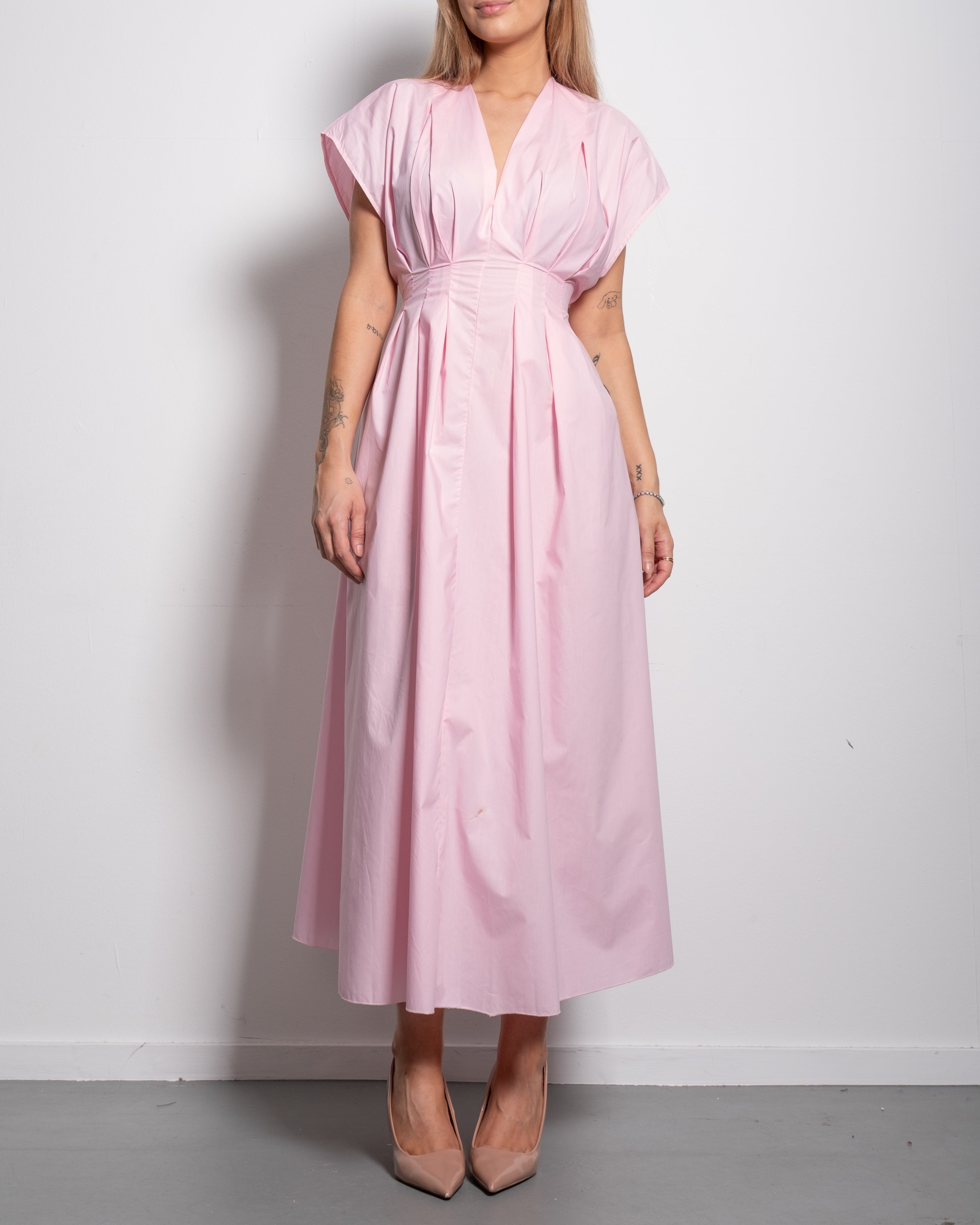 Shape enhancing cotton pleated shortsleeve front tie dress pink | SEISHIKI STUDIO