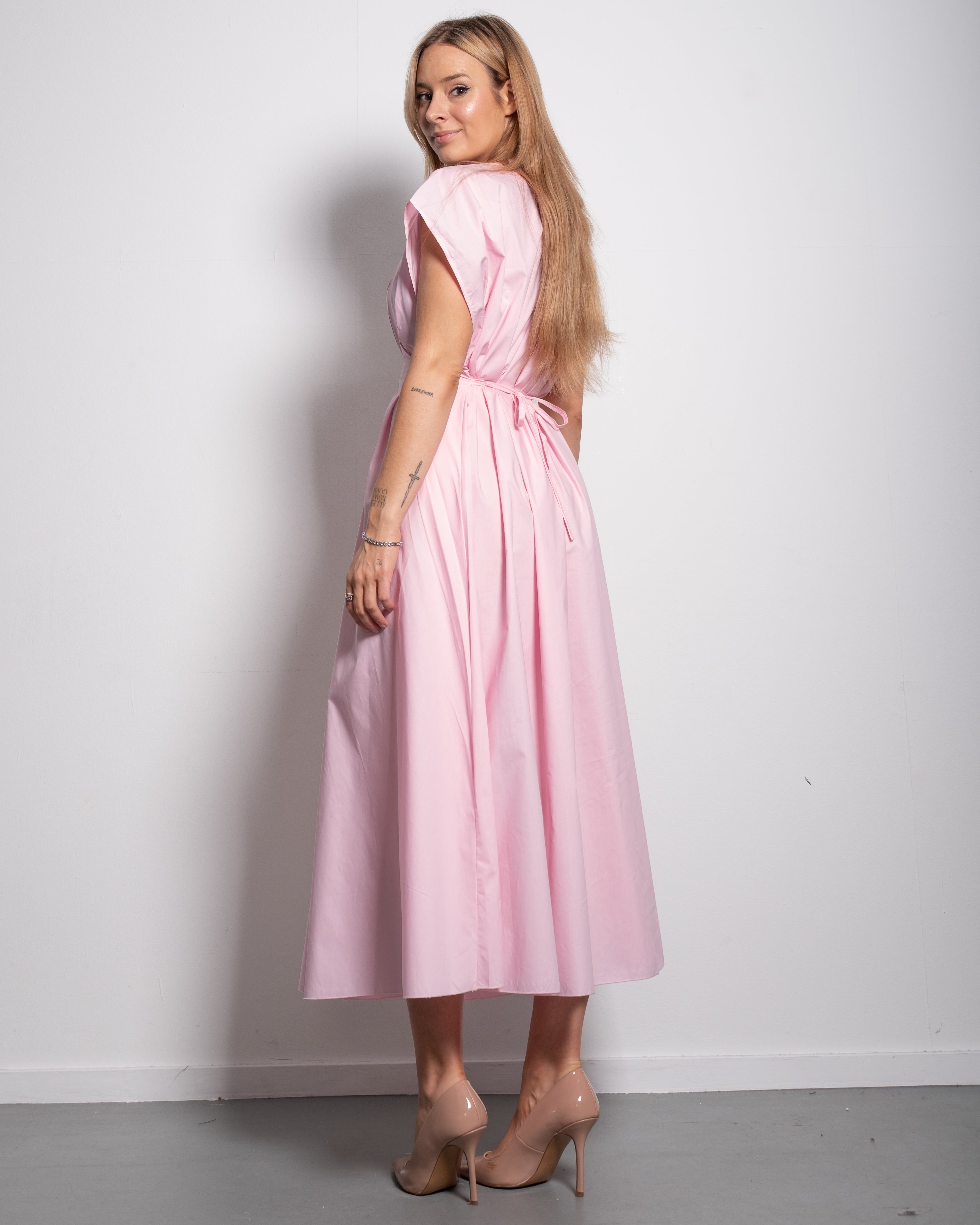 Shape enhancing cotton pleated shortsleeve front tie dress pink | SEISHIKI STUDIO