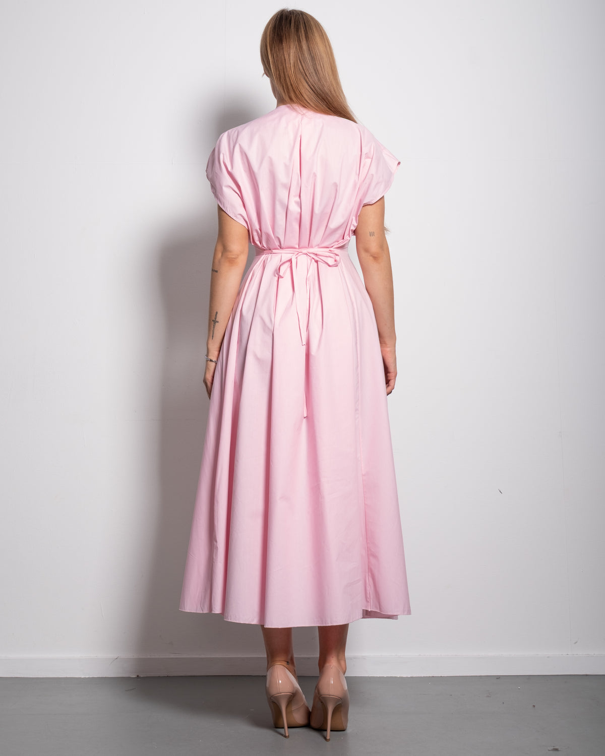Shape enhancing cotton pleated shortsleeve front tie dress pink | SEISHIKI STUDIO