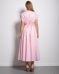 Shape enhancing cotton pleated shortsleeve front tie dress pink | SEISHIKI STUDIO