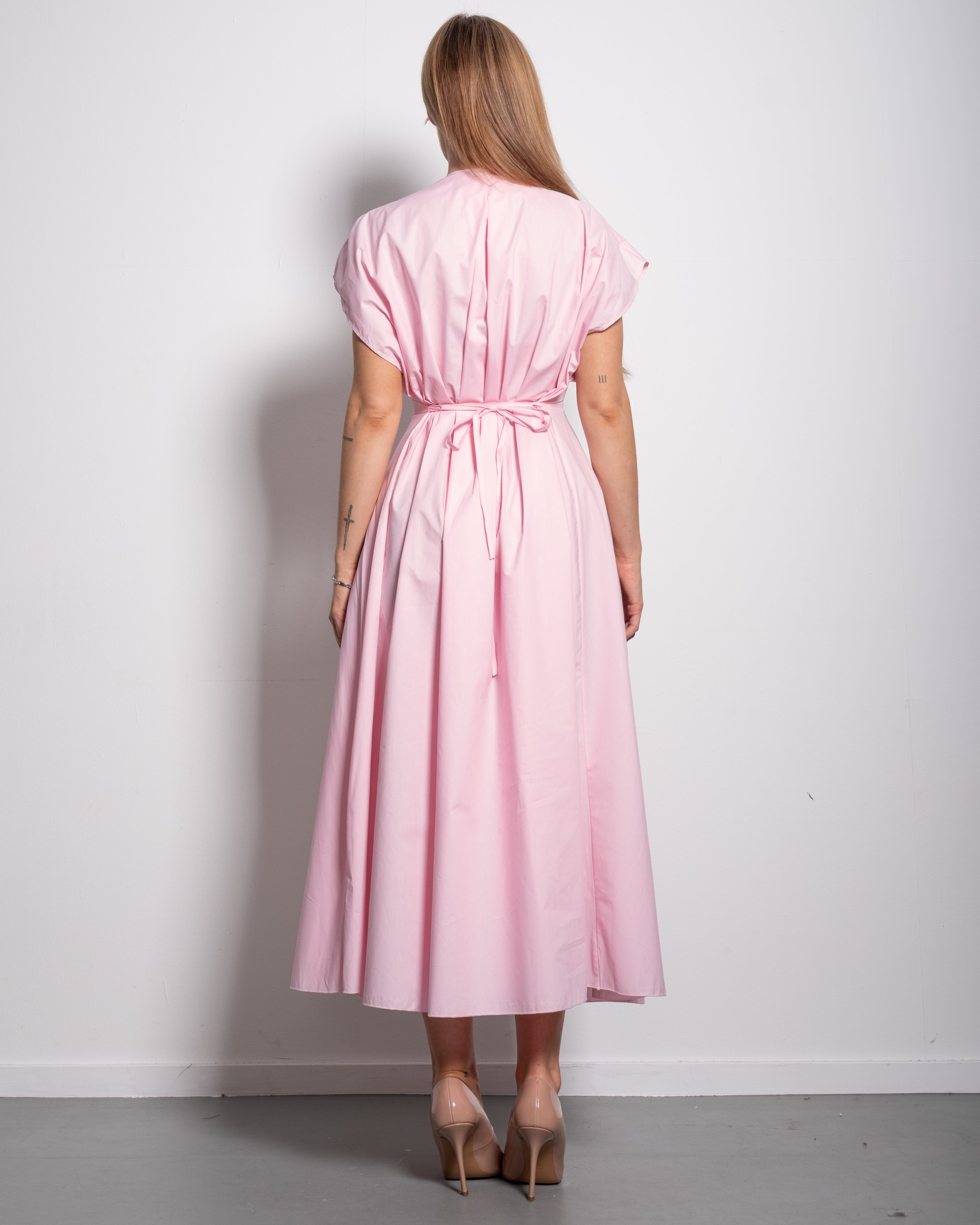 Shape enhancing cotton pleated shortsleeve front tie dress pink | SEISHIKI STUDIO