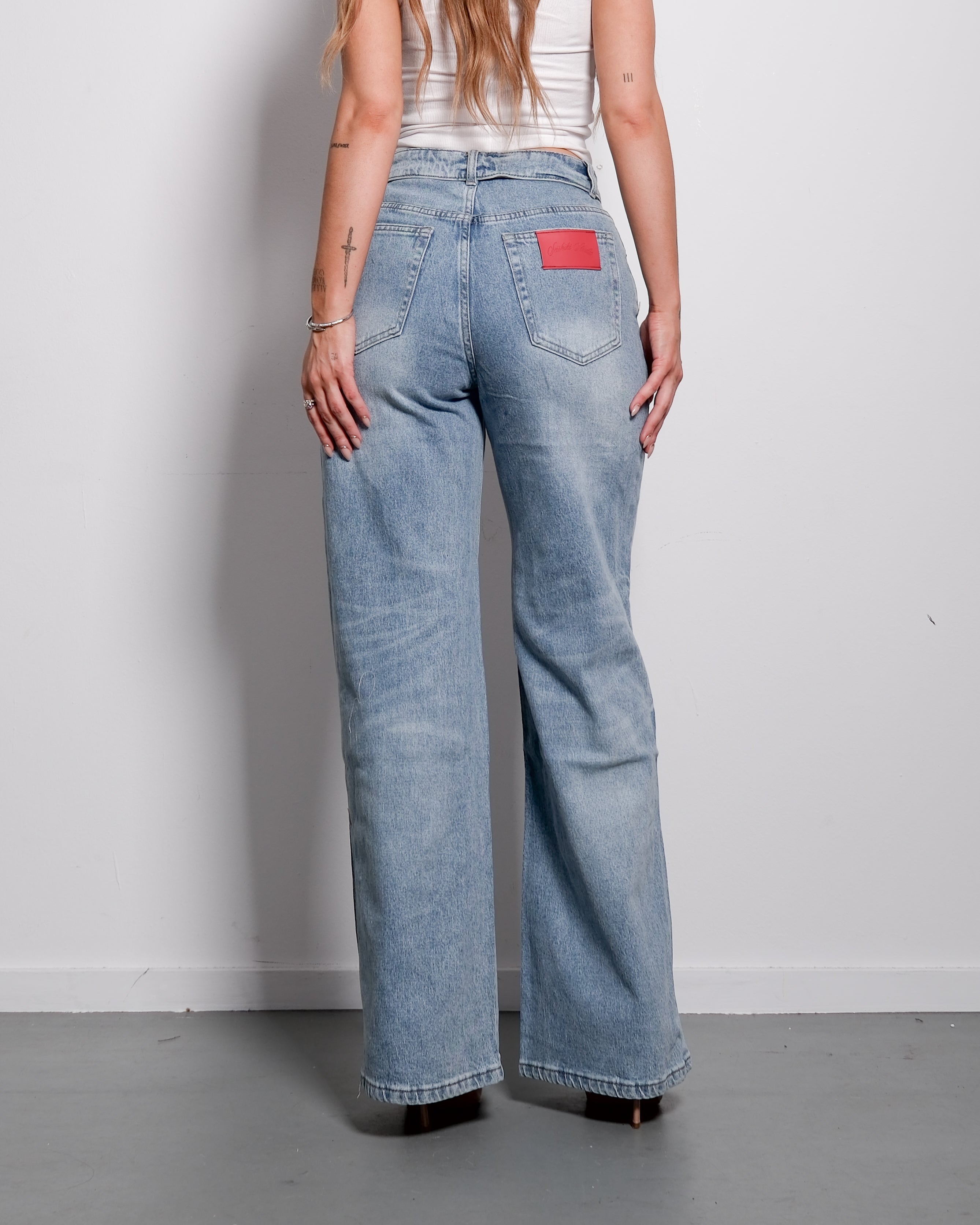 LIGHT WASH FOLDED TOP JEANS WITH RED PATCH - INSEAM 79CM | SEISHIKI STUDIO