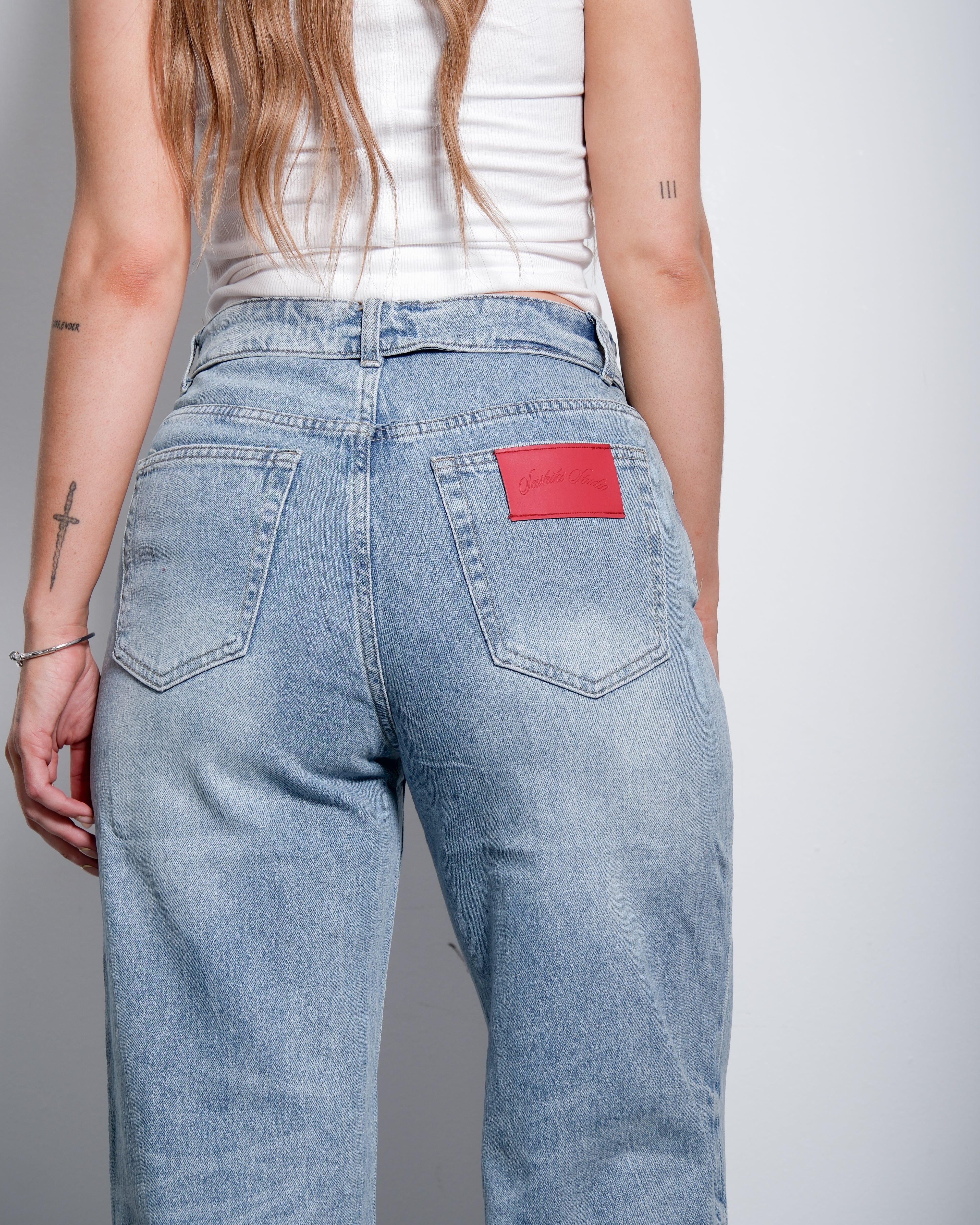 LIGHT WASH FOLDED TOP JEANS WITH RED PATCH - INSEAM 79CM | SEISHIKI STUDIO