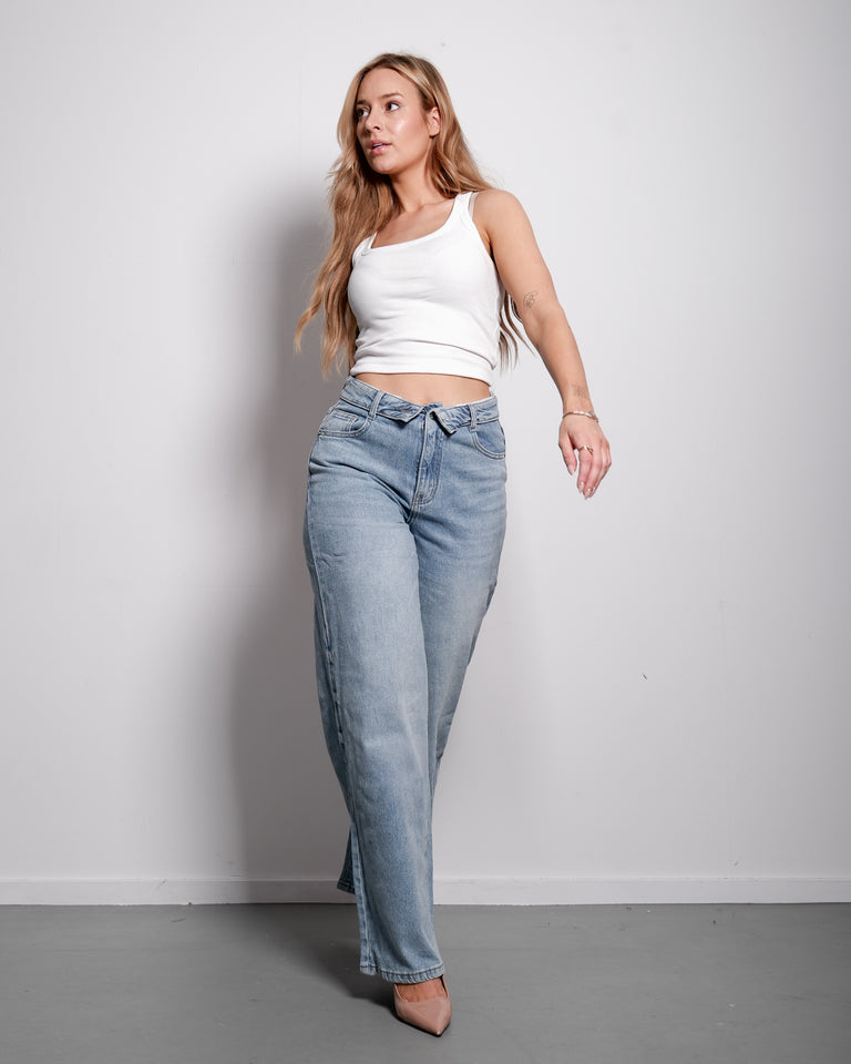 LIGHT WASH FOLDED TOP JEANS WITH RED PATCH - INSEAM 79CM | SEISHIKI STUDIO