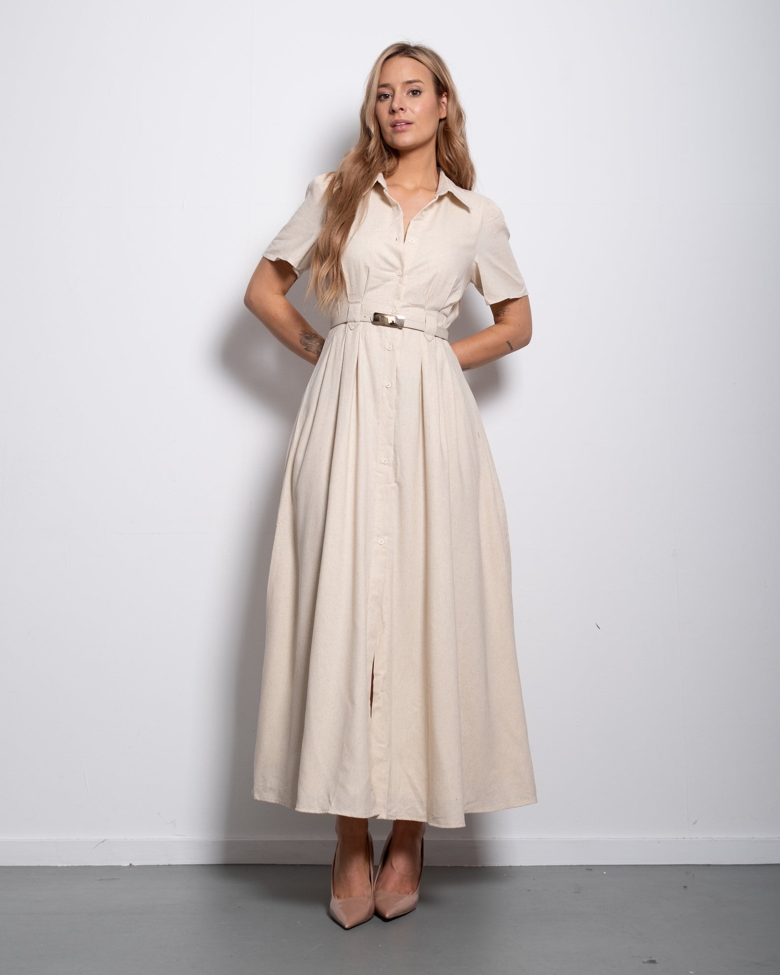 Belted Linen Blend Shirt Maxi Dress Beige | SEISHIKI STUDIO