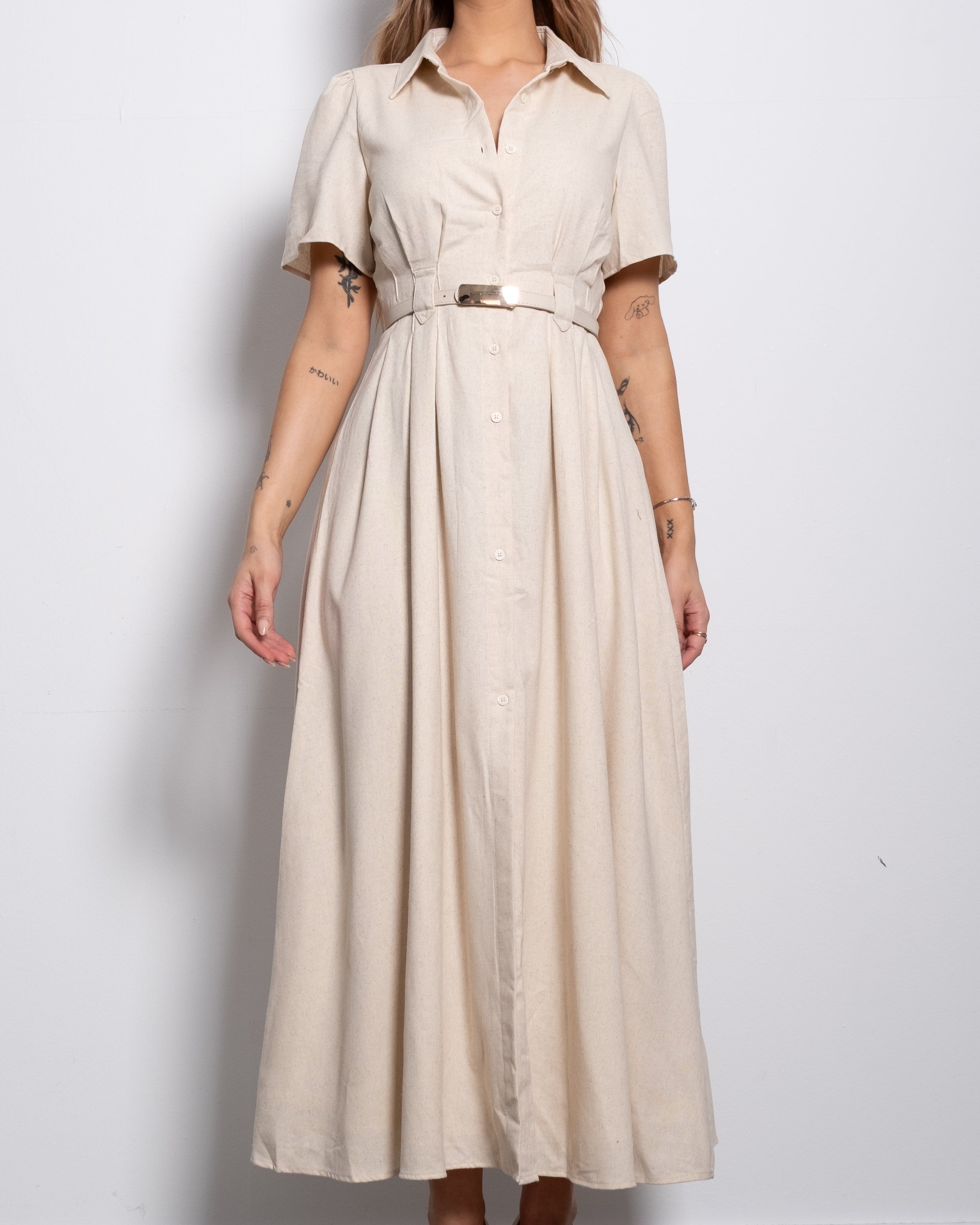 Belted Linen Blend Shirt Maxi Dress Beige | SEISHIKI STUDIO