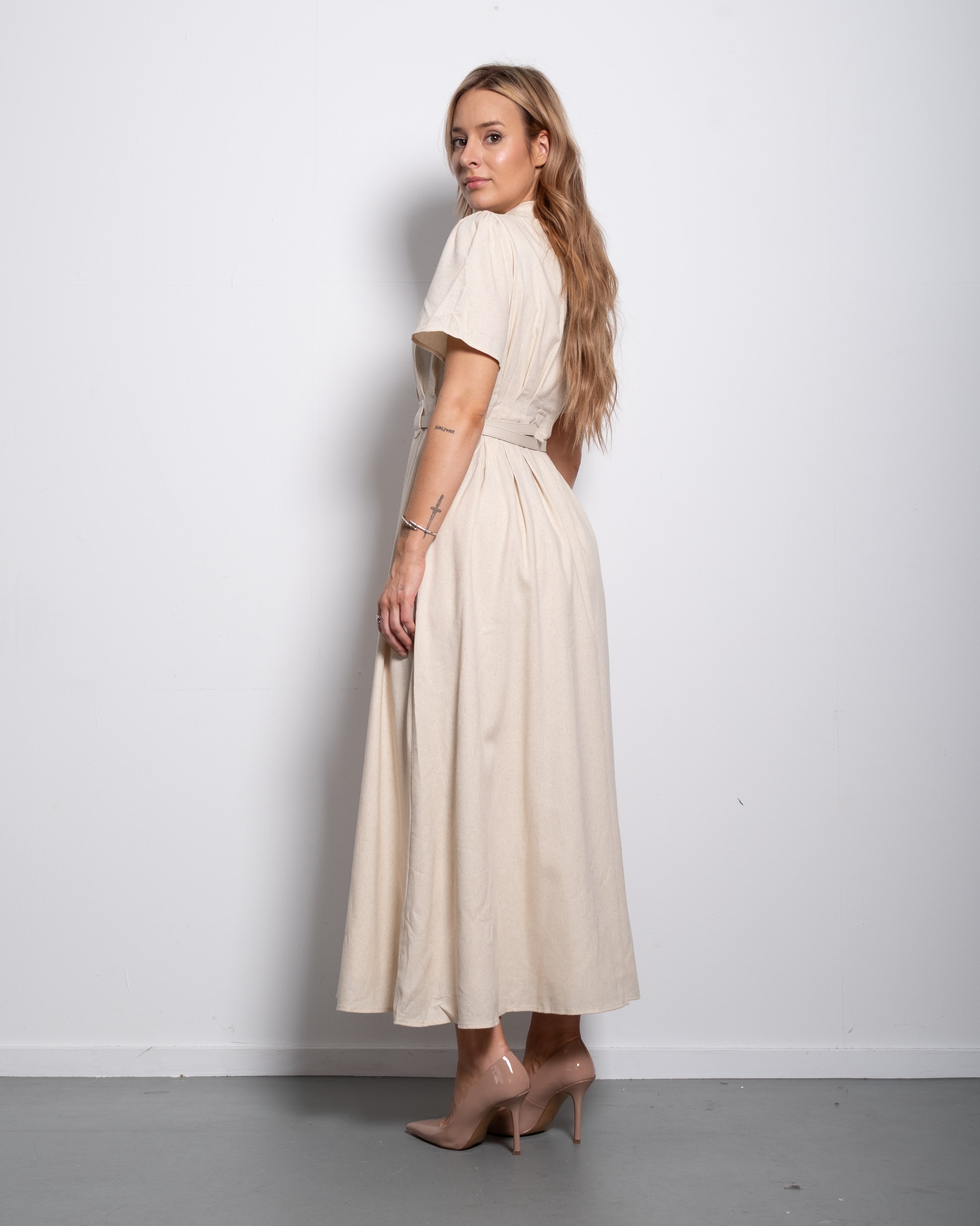 Belted Linen Blend Shirt Maxi Dress Beige | SEISHIKI STUDIO