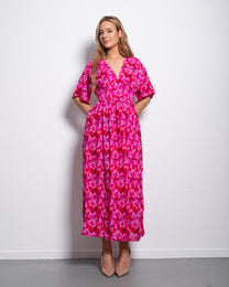 Fuchsia Floral Maxi Dress with Flutter Sleeves – SEISHIKI STUDIO