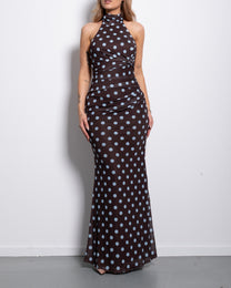 Polka Dot Halter Maxi Dress Brown/Blue | SEISHIKI STUDIO
