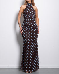 Polka Dot Halter Maxi Dress Brown/Blue | SEISHIKI STUDIO