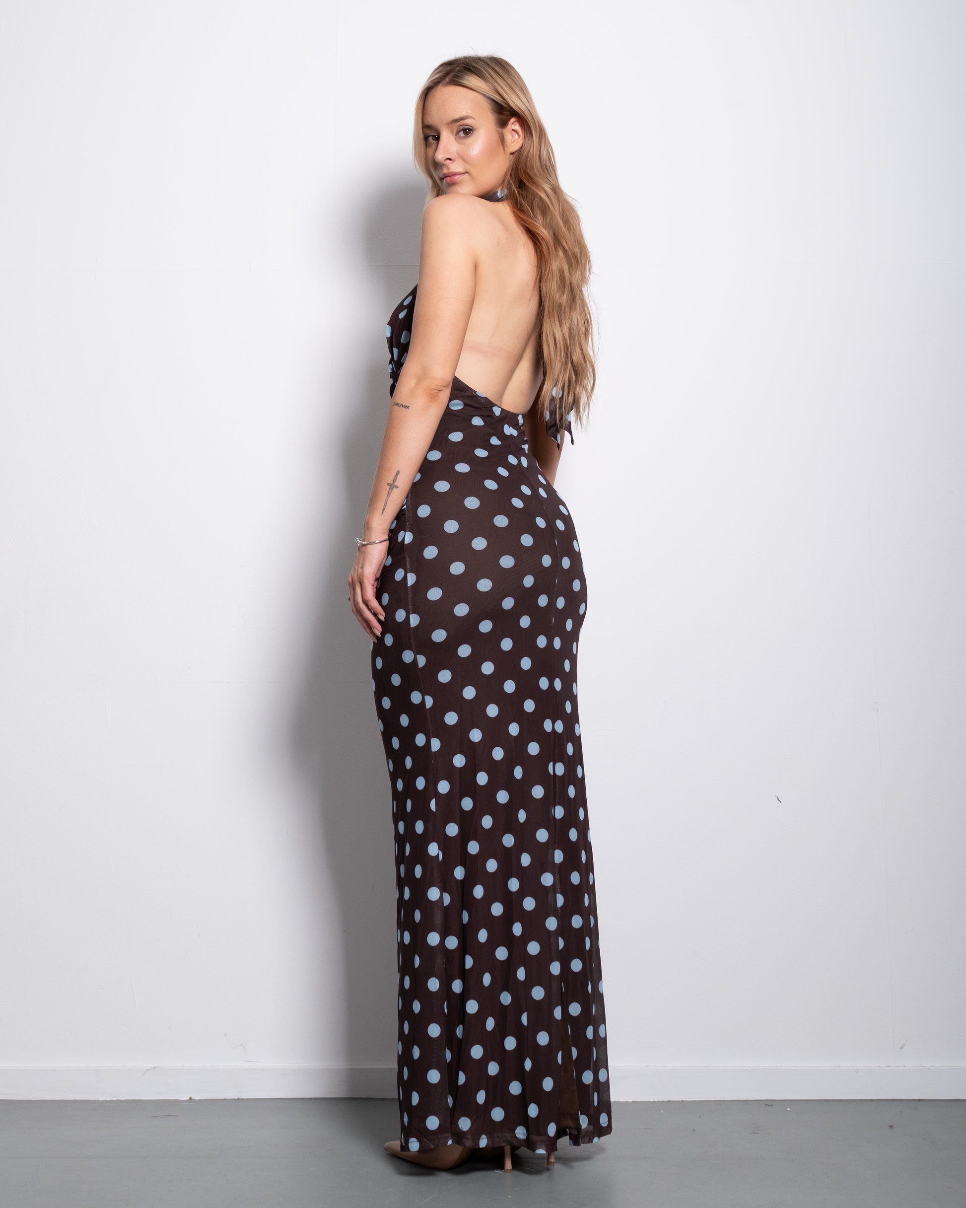 Polka Dot Halter Maxi Dress Brown/Blue | SEISHIKI STUDIO
