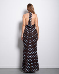 Polka Dot Halter Maxi Dress Brown/Blue | SEISHIKI STUDIO
