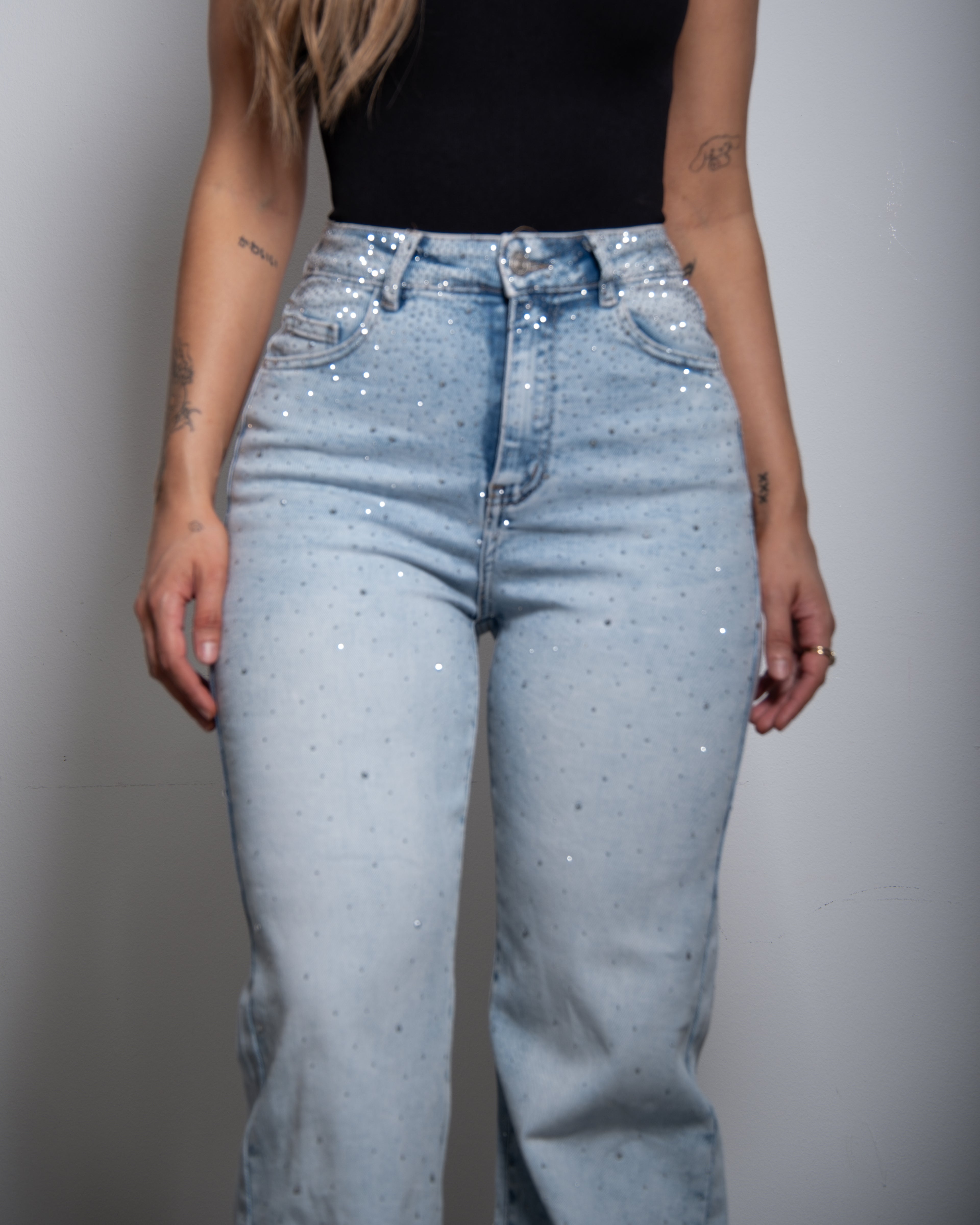 LIGHT WASH WITH DARK SHADING ALL OVER SPARKLE JEANS - INSEAM 80CM