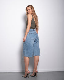 Vintage Wash Belted Front Seam Wide-Leg Denim Jorts | SEISHIKI STUDIO