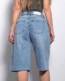 Vintage Wash Belted Front Seam Wide-Leg Denim Jorts | SEISHIKI STUDIO