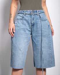 Vintage Wash Belted Front Seam Wide-Leg Denim Jorts | SEISHIKI STUDIO
