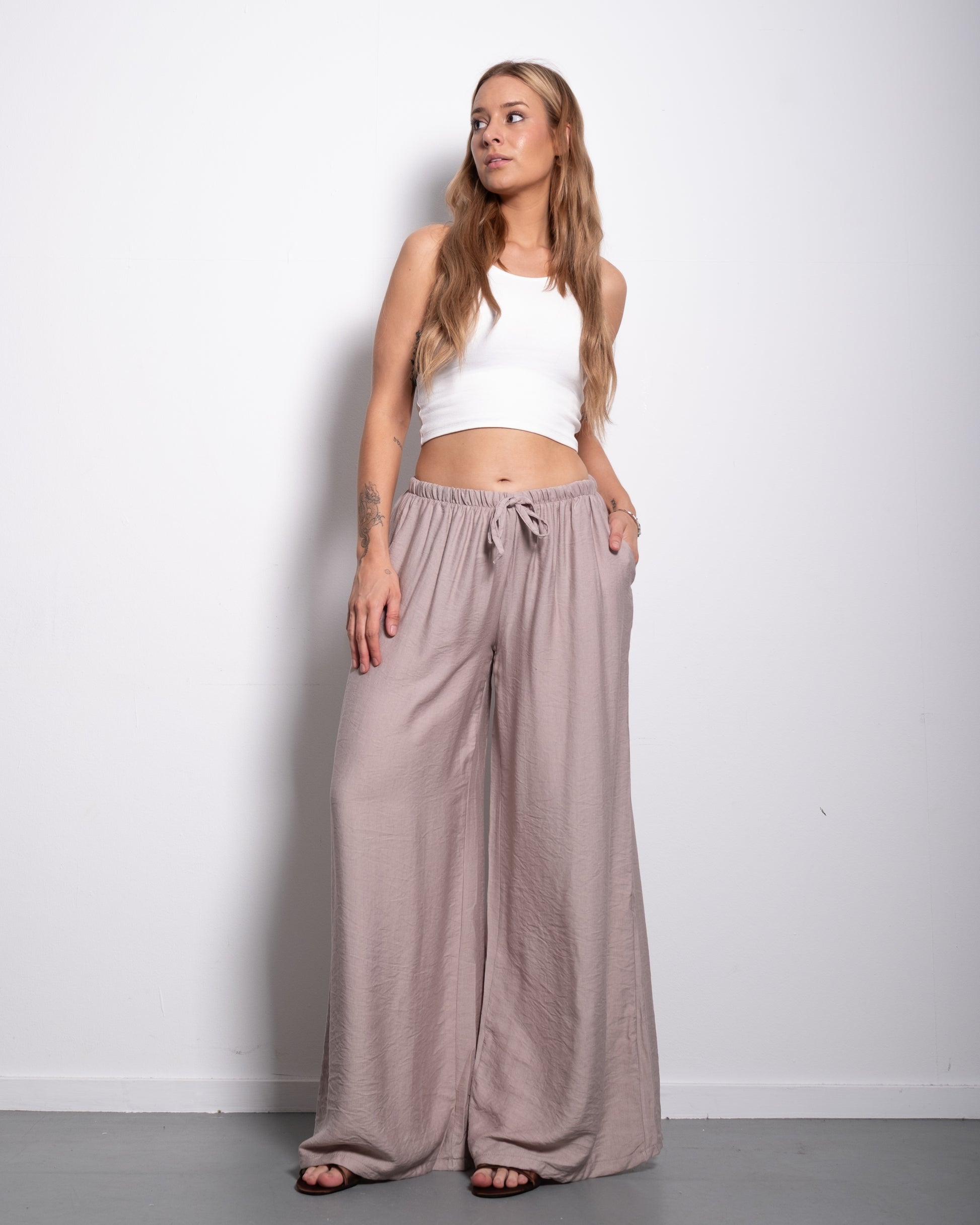 Flowy Drawstring Wide Leg Trousers Taupe | SEISHIKI STUDIO