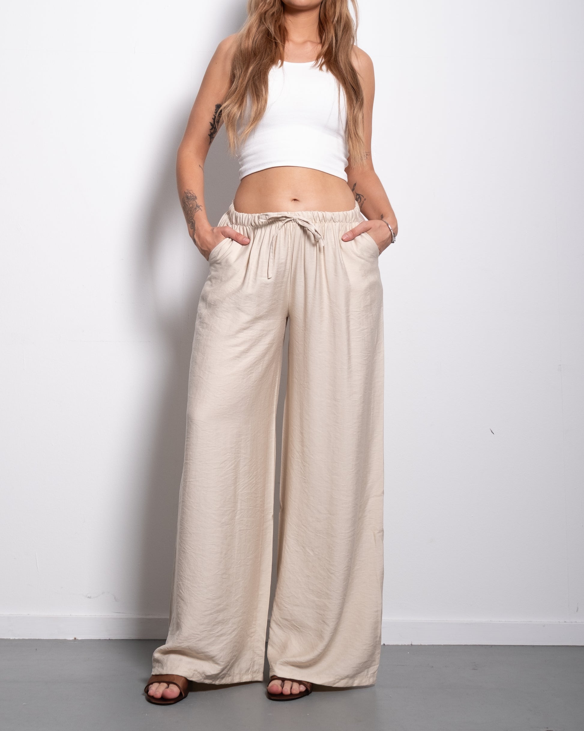 Flowy Drawstring Wide Leg Trousers Cream | SEISHIKI STUDIO