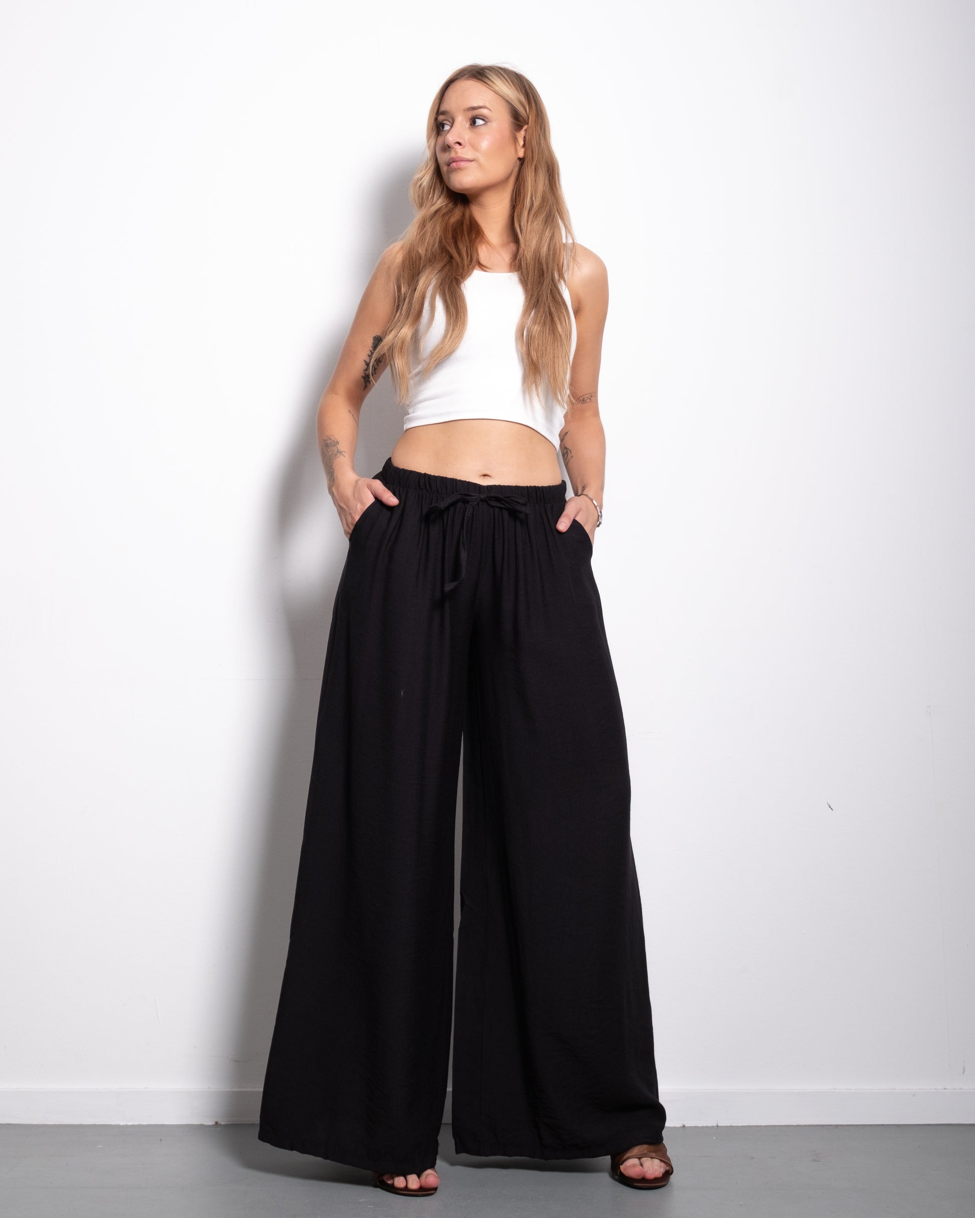 Flowy Drawstring Wide Leg Trousers Black | SEISHIKI STUDIO