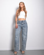 Grey Blue Barrel Jeans With Double Front Seams And Silver Patch | SEISHIKI STUDIO