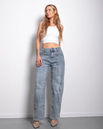 Grey Blue Barrel Jeans With Double Front Seams And Silver Patch | SEISHIKI STUDIO