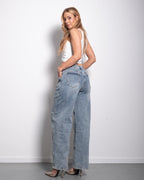 Grey Blue Barrel Jeans With Double Front Seams And Silver Patch | SEISHIKI STUDIO