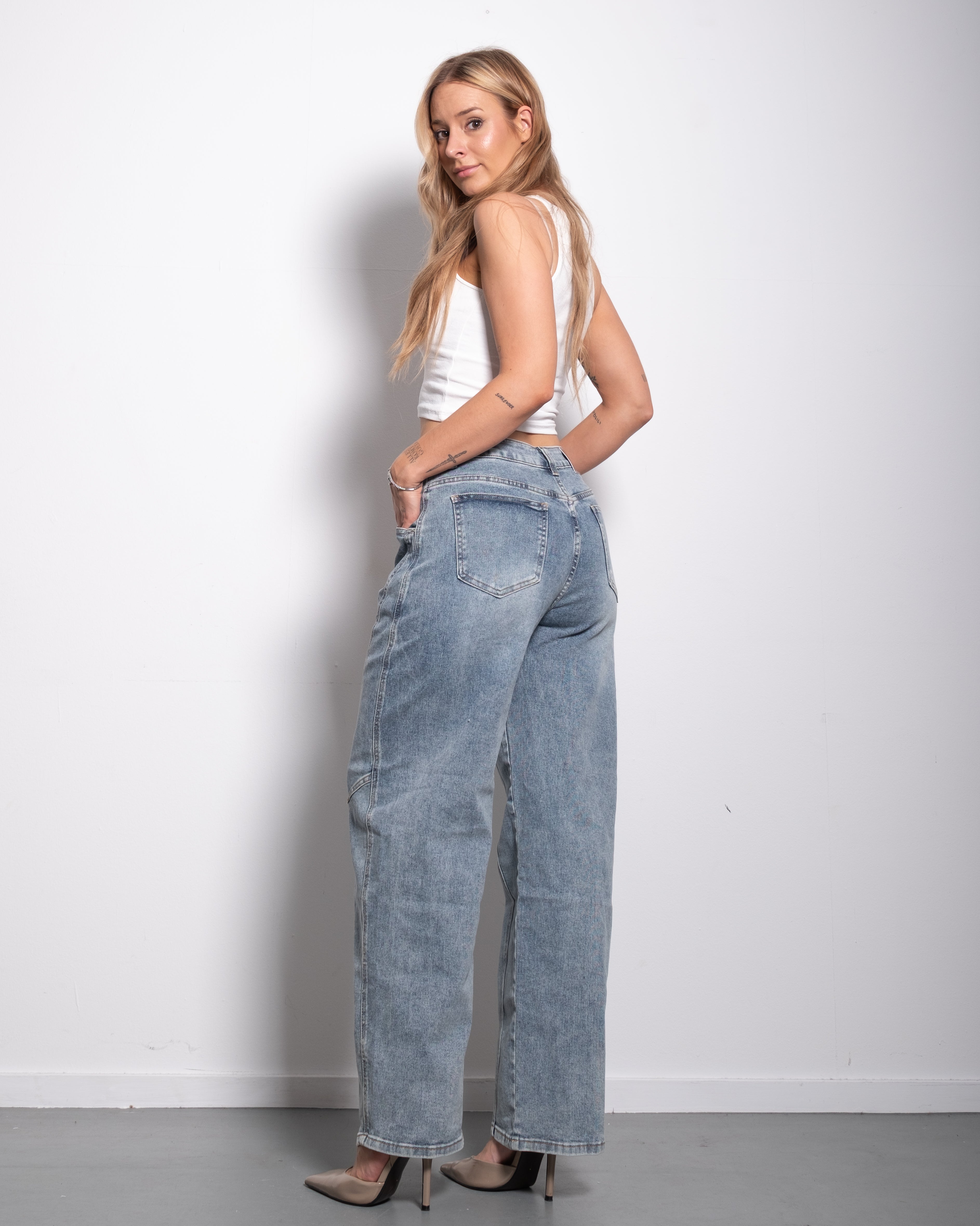 Grey Blue Barrel Jeans With Double Front Seams And Silver Patch | SEISHIKI STUDIO