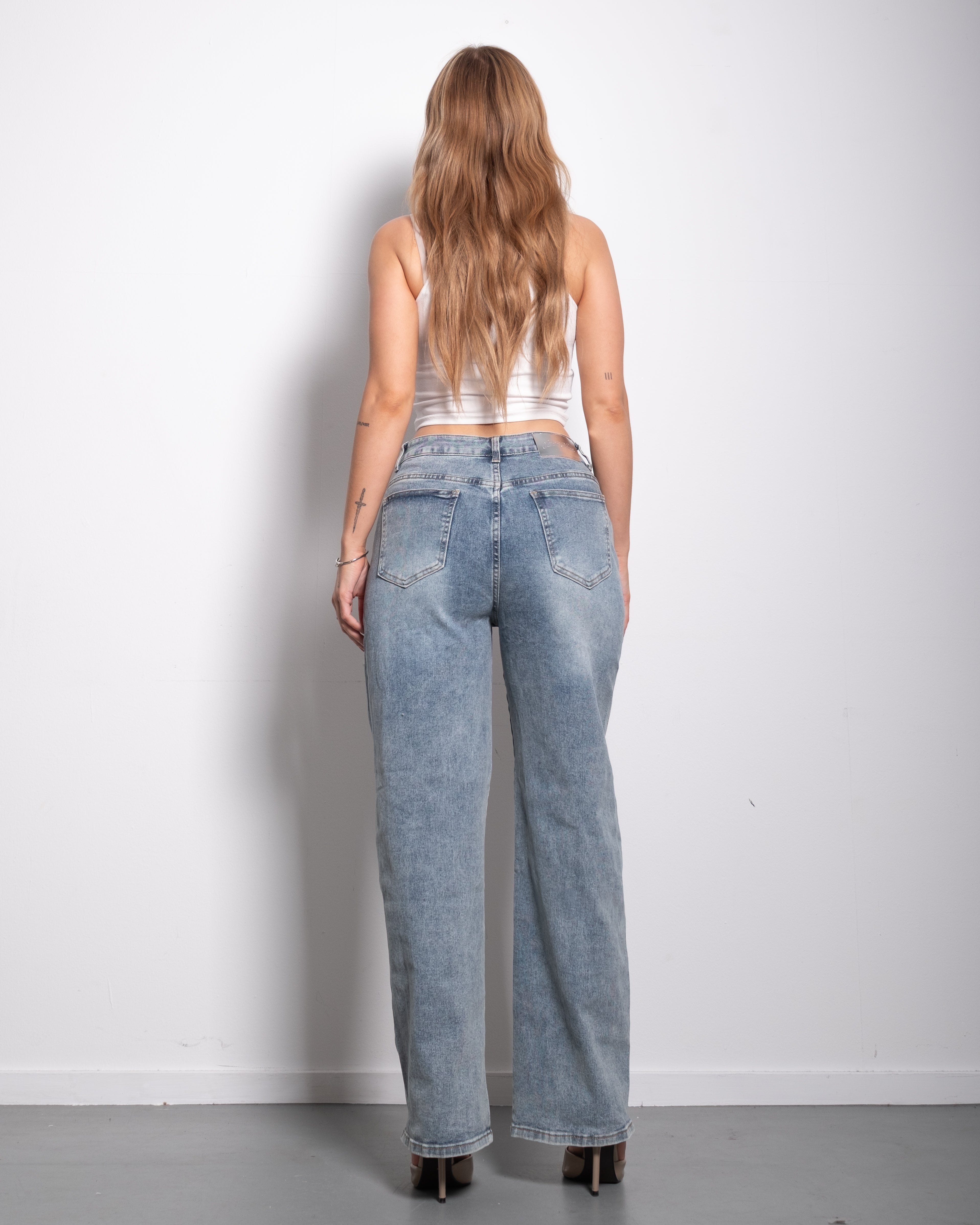 Grey Blue Barrel Jeans With Double Front Seams And Silver Patch | SEISHIKI STUDIO