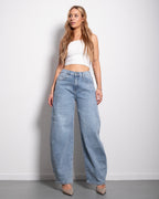 Medium Wash With Stretchy Back Balloon Jeans With Brown Patch  | SEISHIKI STUDIO
