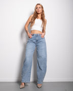 Medium Wash With Stretchy Back Balloon Jeans With Brown Patch  | SEISHIKI STUDIO