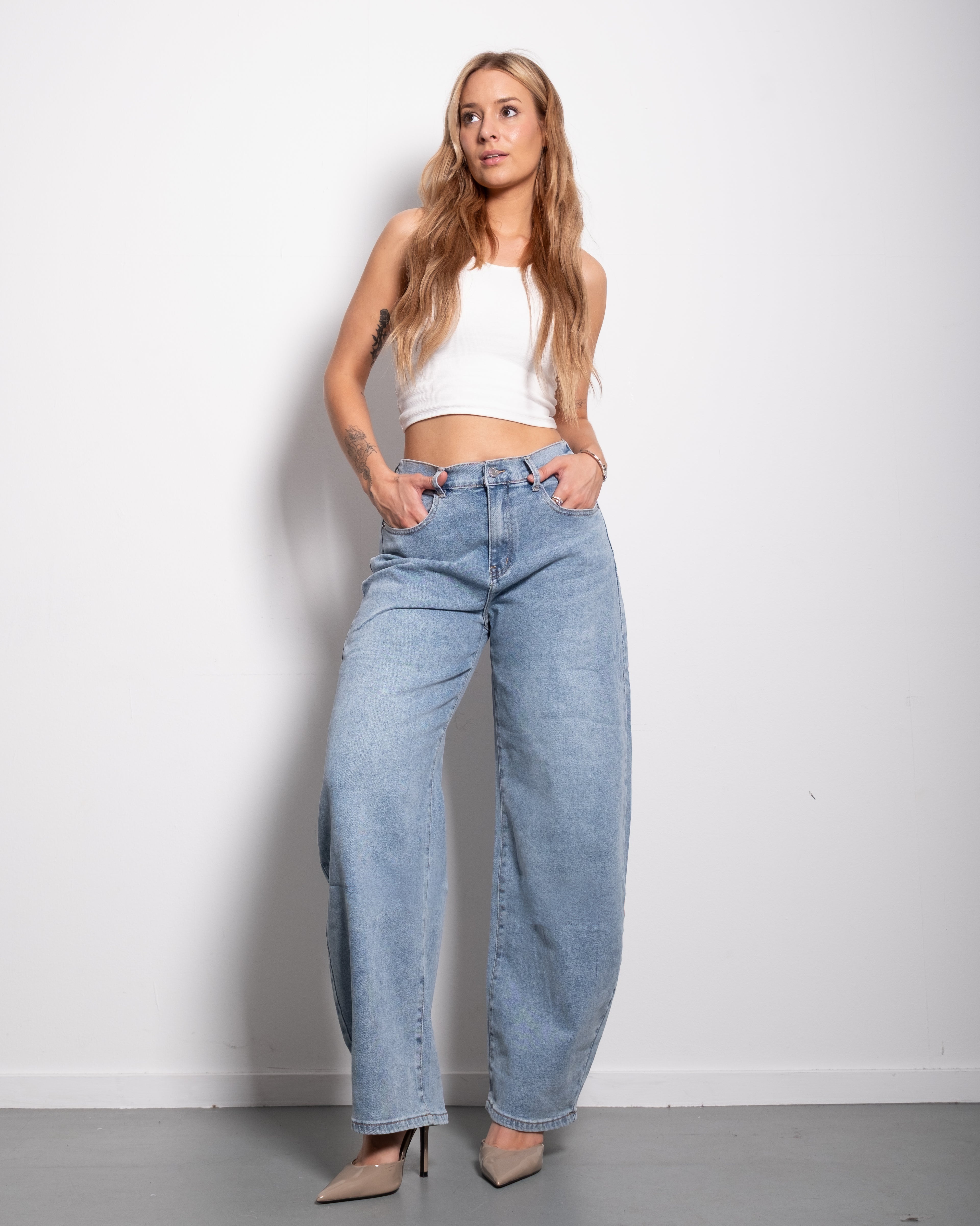 Medium Wash With Stretchy Back Balloon Jeans With Brown Patch  | SEISHIKI STUDIO