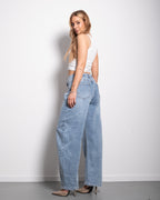 Medium Wash With Stretchy Back Balloon Jeans With Brown Patch  | SEISHIKI STUDIO