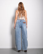 Medium Wash With Stretchy Back Balloon Jeans With Brown Patch  | SEISHIKI STUDIO
