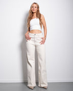 Cream With Accent Stitching Wide Leg Jeans With Red Patch | SEISHIKI STUDIO